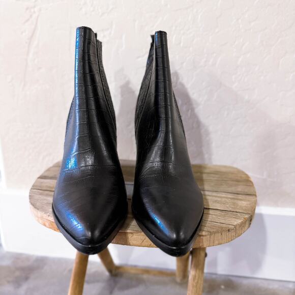 Marc Fisher Alva Croc Embossed Leather Block Heels Boots Black Old Money 7.5 NEW - Picture 5 of 11